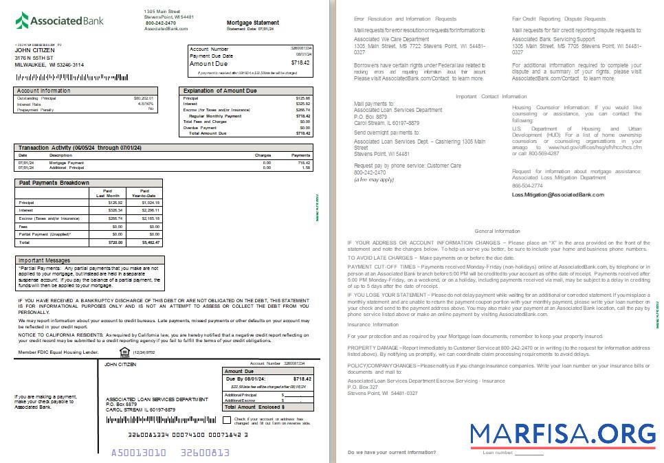 Downloadable USA Associated bank mortgage statement, 2 pages SCR sample